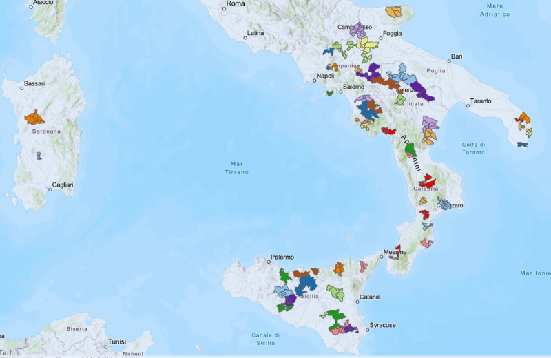 Mappa dei comuni e enti terzo settore che hanno partecipato al bando riabitare al sud